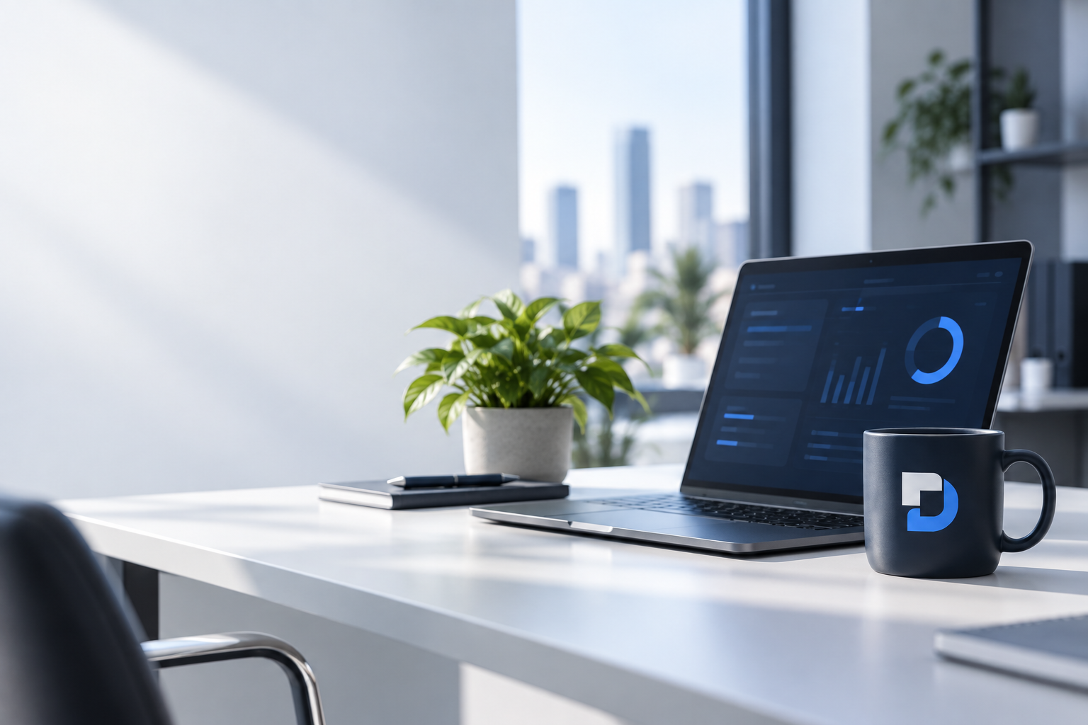 Espacio de trabajo con portátil y elementos de Devartiva